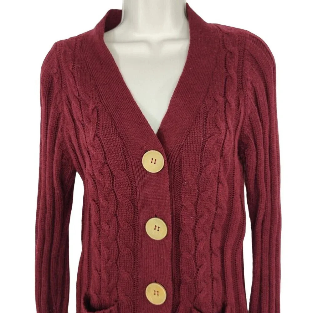 Zenana Outfitters Button Up Cardigan Cable Sweater Size M Burgundy Red Acrylic - Picture 2 of 7